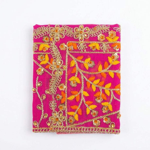 Pink chunri with gold floral embroidery, orange and yellow vine accents, trimmed edge