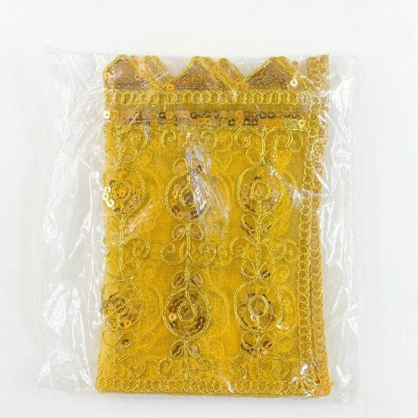 Yellow embroidered chunni scarf with gold swirl motifs and decorative sequin border