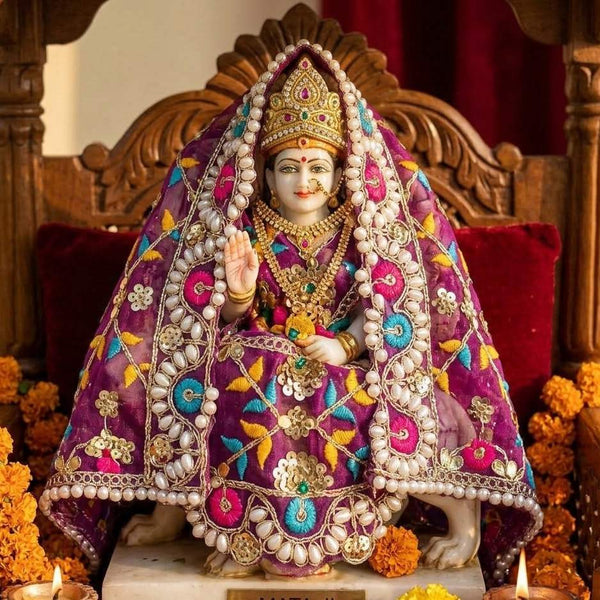 Ornate purple devotional cloth with gold trim, bead-and-pearl detailing, and embroidered patterns