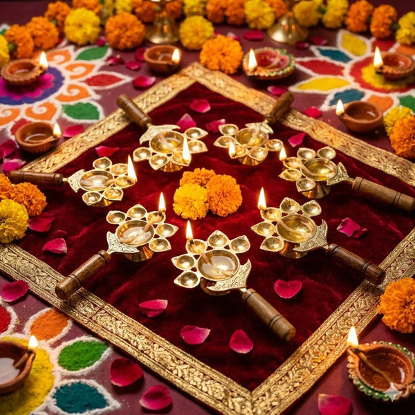 Wooden Handle Brass Panch Aarti Diya/Designer Five Face - Achleshwar