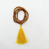 Rudraksh bead mala with brown beads and gold tassel, single loop