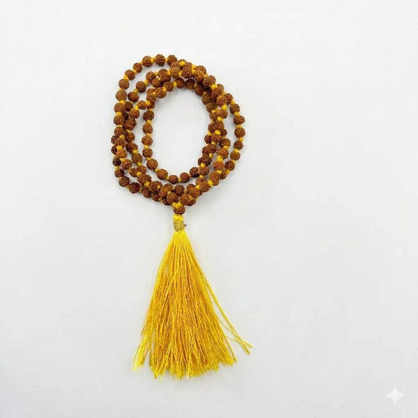 Rudraksh bead mala with brown beads and gold tassel, single loop