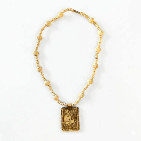 Tulsi mala necklace with white beads and square Hanuman pendant