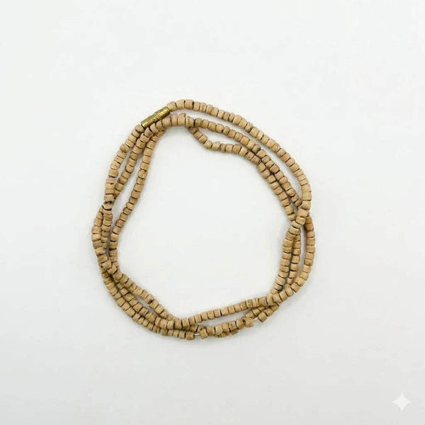Tulsi wooden mala with single loop of light-brown woven bead strand.