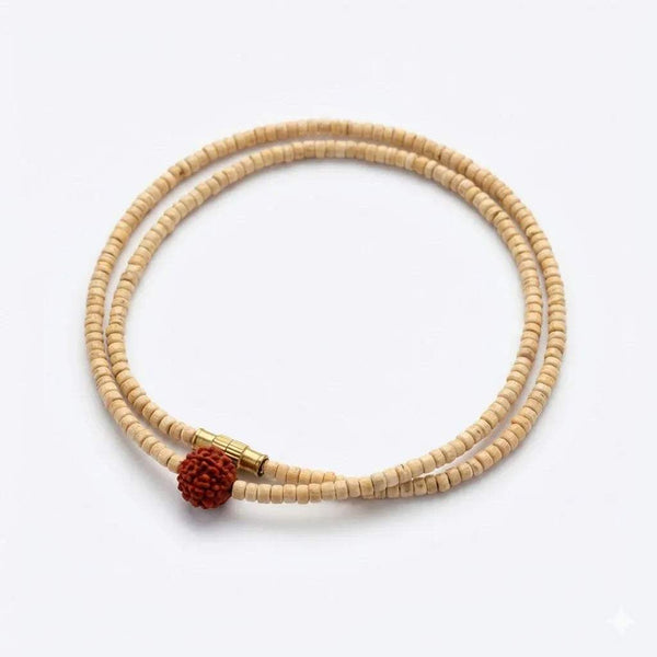 Beige tulsi bead mala necklace with red knot accent and small metal clasp
