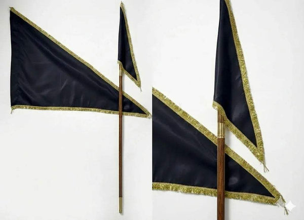 Black flags on poles with golden lace border, pointed fly edges