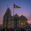 Devotional triangular flag on a pole with deity artwork and gold border fringe