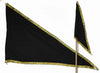 Black flag with golden lace border on a pole, triangular fly