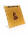 Gold yantra card with seated deity emblem on clear acrylic display stand