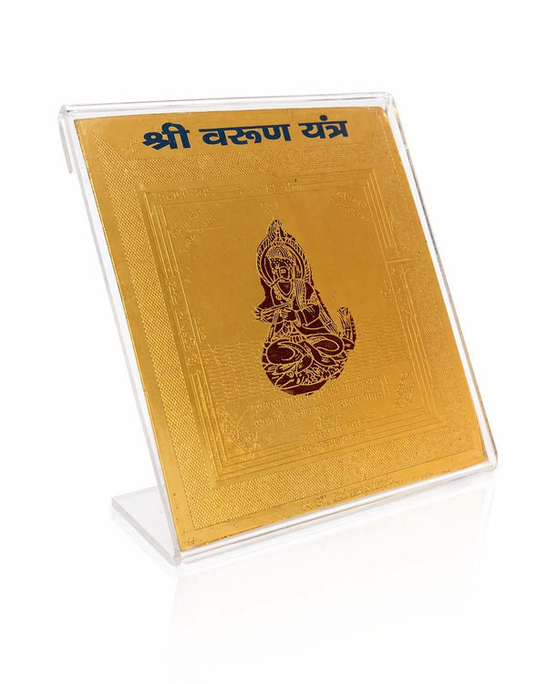 Gold yantra card with seated deity emblem on clear acrylic display stand