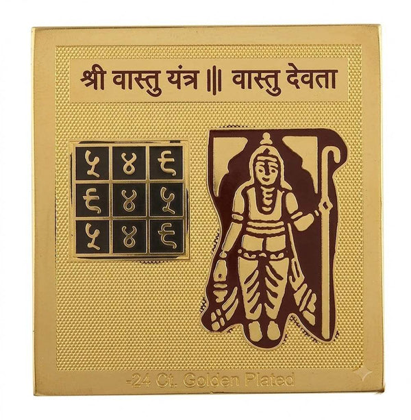 Golden Vastu Devta yantra plate with deity figure, Hindi script, and square symbol grid