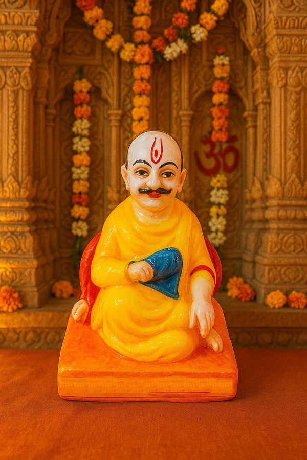 Seated deity idol with white face, orange-yellow robe, blue sash, and red base