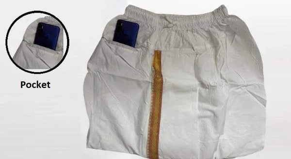 White dhoti pants with front pocket opening and vertical zari trim