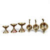 Brass aarti diya stand set, multiple shallow cups on pedestals with handles.