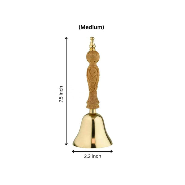 Bronze pooja bell with gold-toned handle and flared base, ornate top