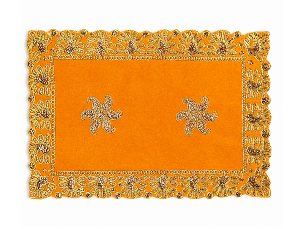 Luxury Designer Velvet Embroidered Yellow Pooja Aasan Cloth for Mandir | Premium Altar Cover for Temple, Puja Chowki, Home Shrine & Diwali Decoration