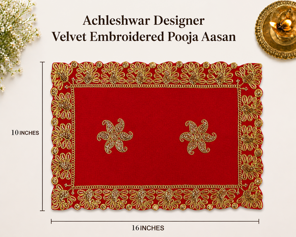 Luxury Designer Velvet Embroidered Red Pooja Aasan Cloth for Mandir | Premium Altar Cover for Temple, Puja Chowki, Home Shrine & Diwali Decoration