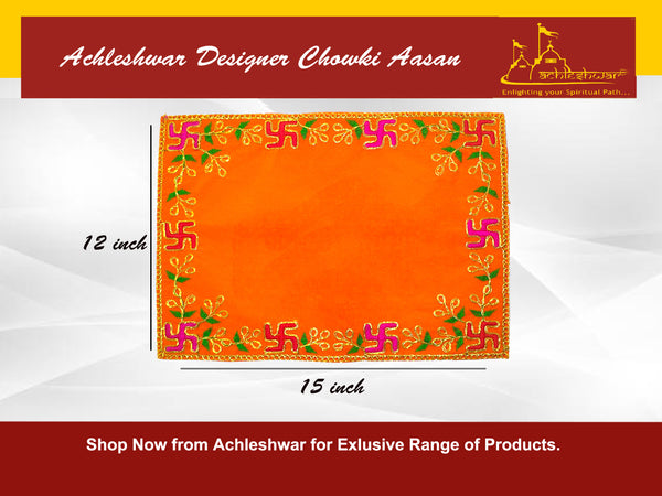 Designer Velvet Embroidered Pooja Aasan Cloth 12x15 inch Orange | Chowki Aasan for God Idol