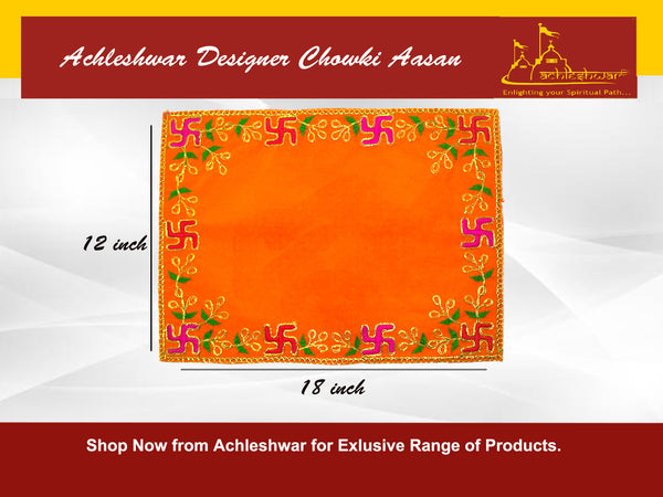Designer Velvet Embroidered Pooja Aasan Cloth 12x18inch Orange | Chowki Aasan for God Idol