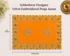 Luxury Designer Velvet Embroidered Yellow Pooja Aasan Cloth for Mandir | Premium Altar Cover for Temple, Puja Chowki, Home Shrine & Diwali Decoration