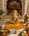 Designer Square Velvet Embroidered Yellow Pooja Aasan Cloth for Mandir | Premium Altar Cover for Temple, Puja Chowki, Home Shrine & Diwali Decoration