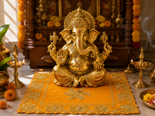 Luxury Designer Square Velvet Embroidered Yellow Pooja Aasan Cloth for Mandir | Premium Altar Cover for Temple, Puja Chowki, Home Shrine & Diwali Decoration