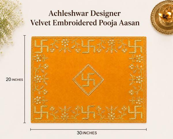 Designer Velvet Embroidered Yellow Pooja Aasan Cloth for Mandir | Premium Altar Cover for Temple, Puja Chowki, Home Shrine & Diwali Decoration