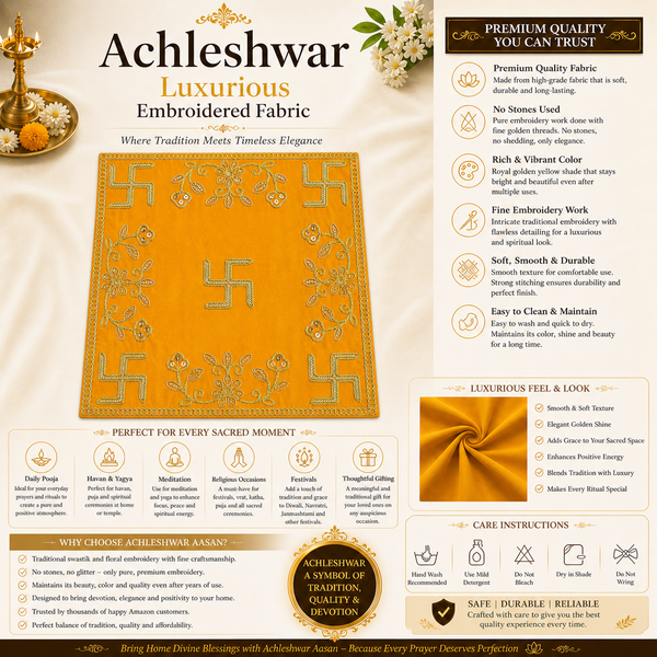 Designer Square Velvet Embroidered Yellow Pooja Aasan Cloth for Mandir | Premium Altar Cover for Temple, Puja Chowki, Home Shrine & Diwali Decoration