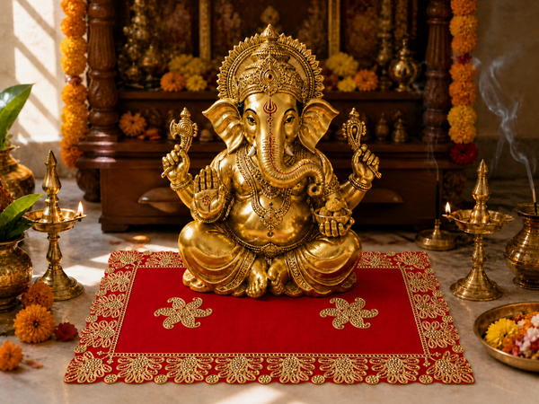 Luxury Designer Velvet Embroidered Red Pooja Aasan Cloth for Mandir | Premium Altar Cover for Temple, Puja Chowki, Home Shrine & Diwali Decoration