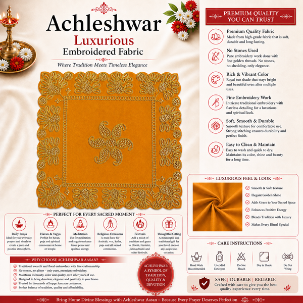 Luxury Designer Square Velvet Embroidered Yellow Pooja Aasan Cloth for Mandir | Premium Altar Cover for Temple, Puja Chowki, Home Shrine & Diwali Decoration