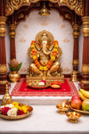 Red velvet pooja asan cloth with gold embroidered border and corner motifs