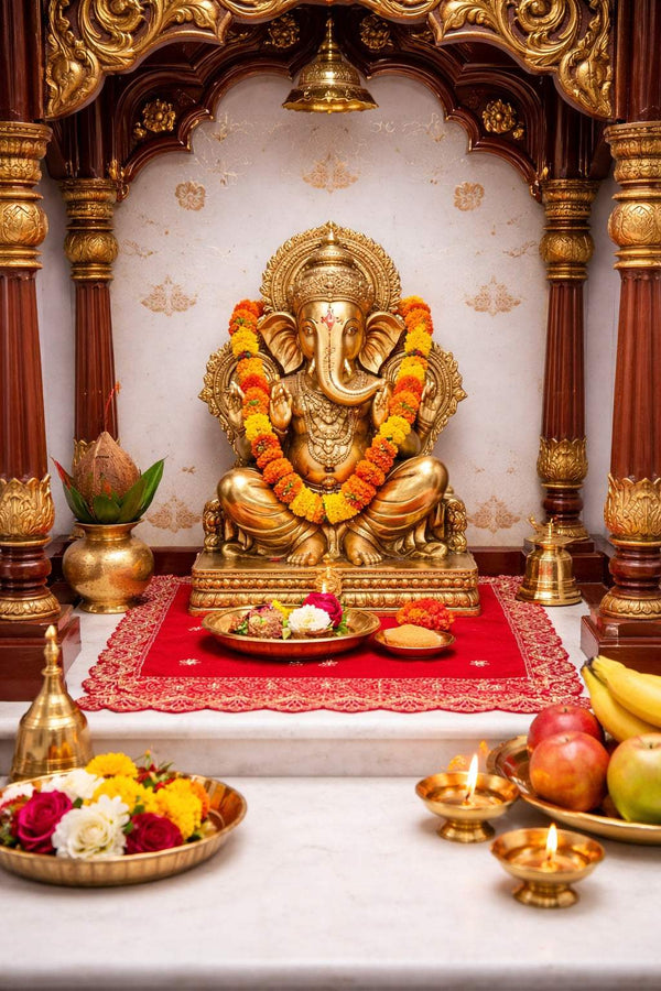 Red velvet pooja asan cloth with gold embroidered border and corner motifs