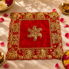 Luxury Designer Square Velvet Embroidered Red Pooja Aasan Cloth for Mandir | Premium Altar Cover for Temple, Puja Chowki, Home Shrine & Diwali Decoration