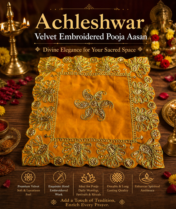 Luxury Designer Square Velvet Embroidered Yellow Pooja Aasan Cloth for Mandir | Premium Altar Cover for Temple, Puja Chowki, Home Shrine & Diwali Decoration