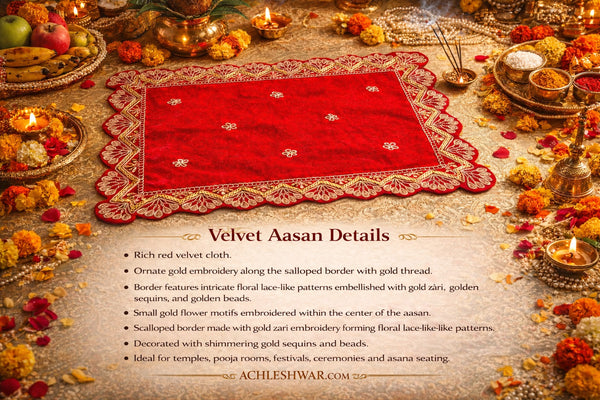 Designer Velvet Embroidered Pooja Aasan Cloth RED Achleshwar