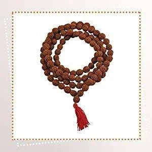 Rudraksha bead mala with dark brown beads, double loop, and red tassel