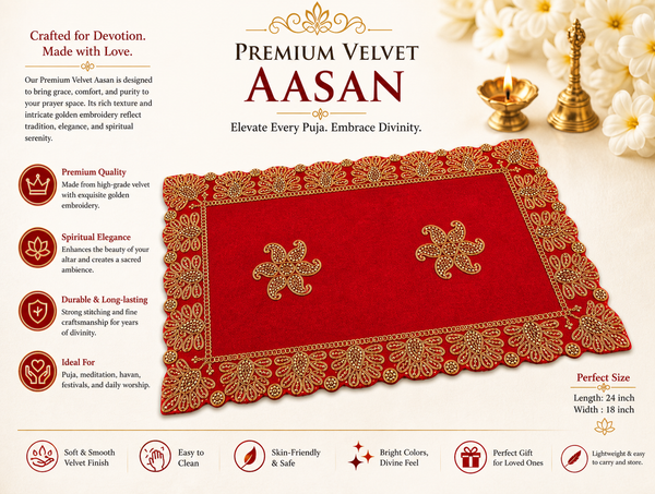 Luxury Designer Velvet Embroidered Red Pooja Aasan Cloth for Mandir | Premium Altar Cover for Temple, Puja Chowki, Home Shrine & Diwali Decoration
