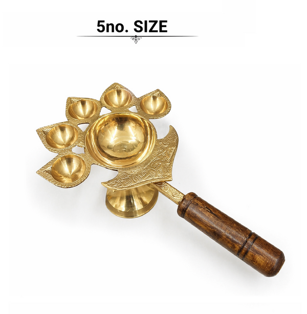 Wooden Handle Brass Panch Aarti Diya/Designer Five Face