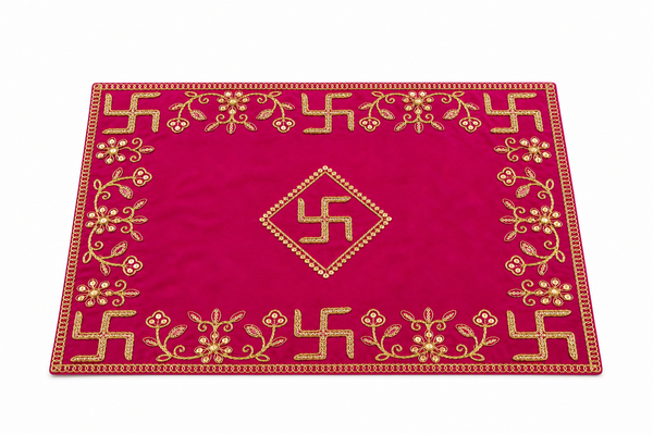 Designer Velvet Embroidered Pink Pooja Aasan Cloth for Mandir | Premium Altar Cover for Temple, Puja Chowki, Home Shrine & Diwali Decoration