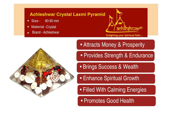 Achleshwar Crystal Laxmi Pyramid for Vastu, Wealth, Luck, 80-90 MM, with Rudraksha, Shree Yantra, Gomati Chakra labcertified