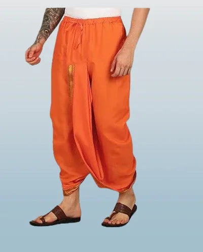 Pure cotton readymade dhoti free size orange colour with Thick embroidery border - Achleshwar