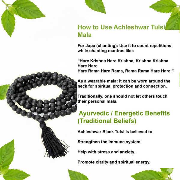 Achleshwar Black Tulsi Mala (108+1 Beads) – Shyama Tulsi Japa Mala for Meditation, Healing & Spiritual Protection