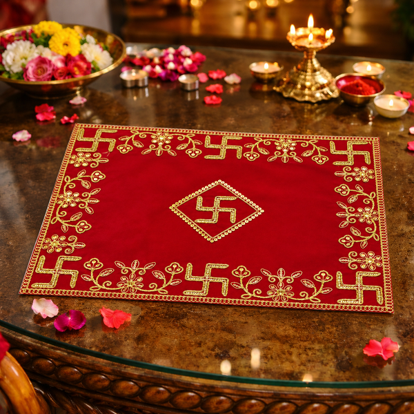 Designer Velvet Embroidered Pooja Aasan Cloth for Mandir | Premium Altar Cover for Temple, Puja Chowki, Home Shrine & Diwali Decoration