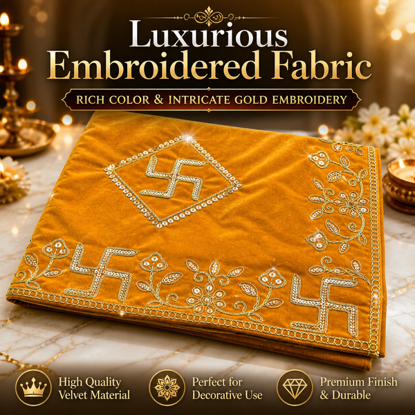 Designer Velvet Embroidered Yellow Pooja Aasan Cloth for Mandir | Premium Altar Cover for Temple, Puja Chowki, Home Shrine & Diwali Decoration