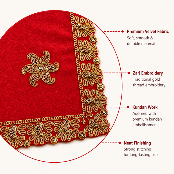 Luxury Designer Velvet Embroidered Red Pooja Aasan Cloth for Mandir | Premium Altar Cover for Temple, Puja Chowki, Home Shrine & Diwali Decoration