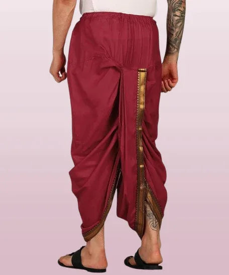 Pure cotton readymade dhoti free size red colour with Thick embroidery border - Achleshwar