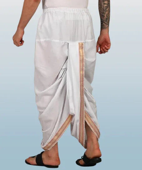 Pure cotton readymade dhoti free size white colour with Thick embroidery border - Achleshwar