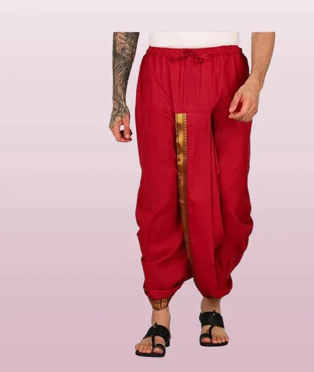 Pure cotton readymade dhoti free size red colour with Thick embroidery border - Achleshwar