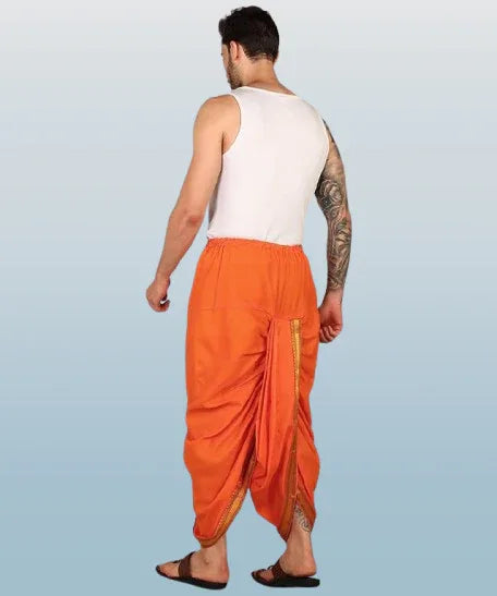 Pure cotton readymade dhoti free size orange colour with Thick embroidery border - Achleshwar