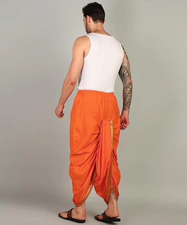 Pure Cotton Readymade Dhoti With Pocket Orange Colour Free size - Achleshwar